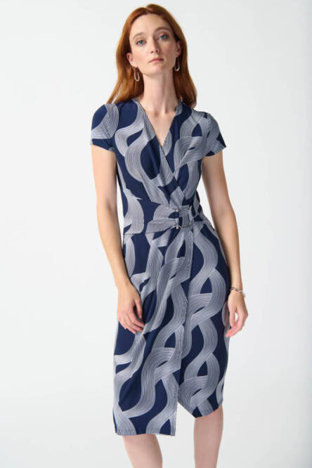 Joseph-Ribkoff-Abstract-Dress Blue and white swirl